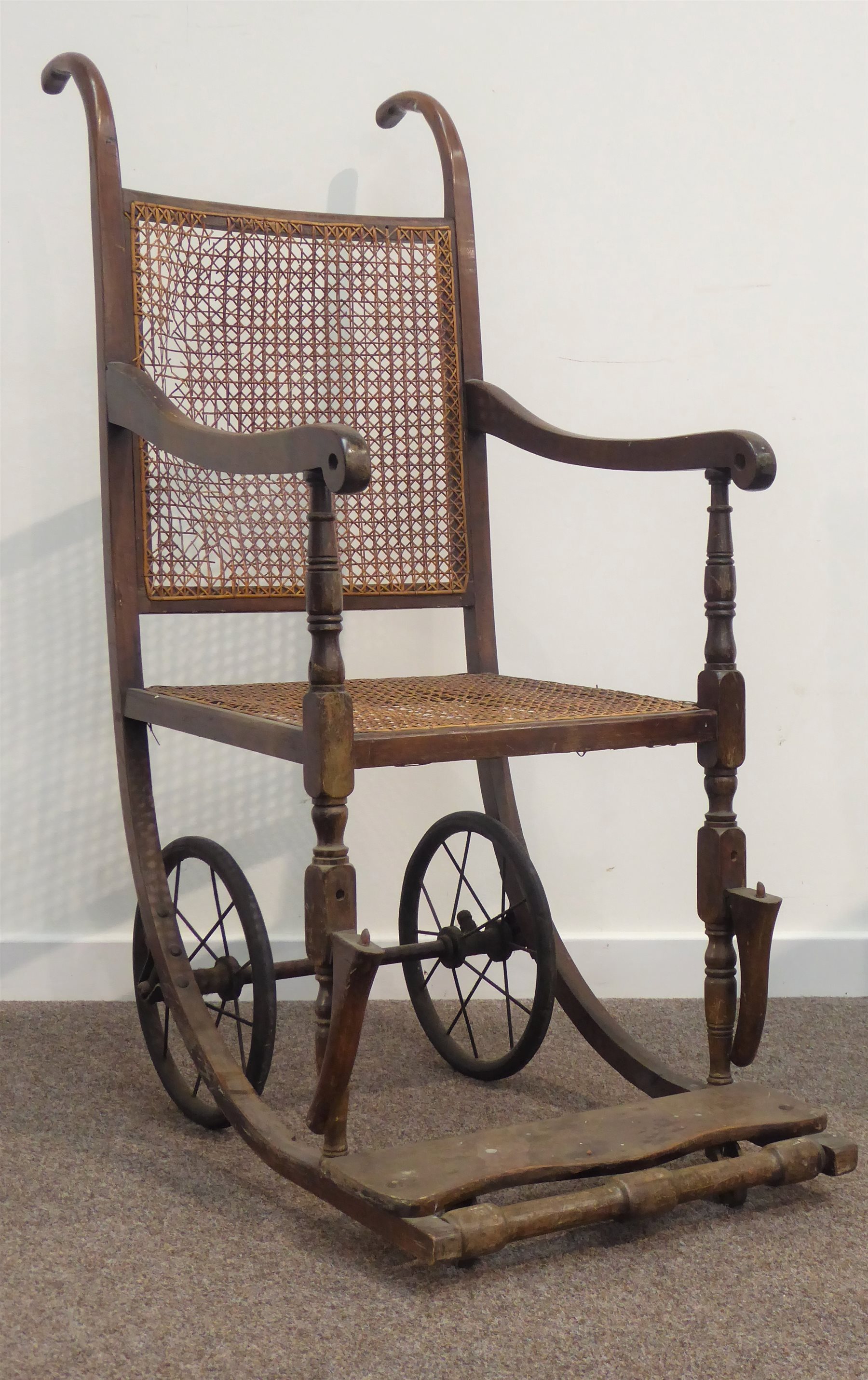 19th Century Oak Framed Invalid Wheel Chair Cane Work Seat
