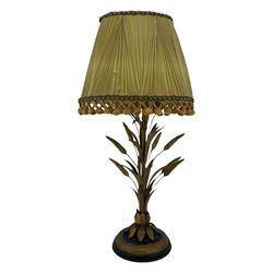 Italian mid century wheatsheaf design gilt and lacquer table lamp, on circular base with shade, H74cm overall, a three branch table lamp modelled as a candelabra, and one other table lamp (3)