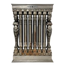 Pair of late 19th century Continental polished cast iron architectural single column Ventilo radiators, probably Belgian, the entablature tops above six rectangular pilaster columns flanked by crowed putto caryatid draped terms, the figures with crossed arms wearing helmets, the tapering foliate lower sections with monopodium lions paw feet, raised on corresponding rectangular plinth bases