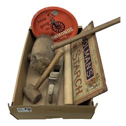 Large mallet, Colman's Starch box cover, Hammonds beer tray, rolling pin, etc in one box