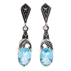 Pair of silver marcasite and blue stone set earrings, stamped 925