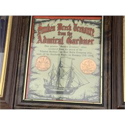 Framed coin sts, Cunard wall shield, framed prints etc 