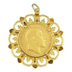 King Edward VII 1902 gold half sovereign coin, loose mounted in 9ct gold pendant