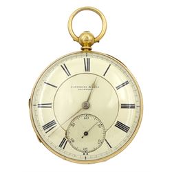 18ct gold open face lever fusee pocket watch by Fattorini & Sons, Bradford, No. 38335, engraved balance cock with flower decoration and diamond endstone, stop/work lever, cream enamel dial with Roman numerals and subsidiary seconds dial, case by Thomas Russell, Chester 1867