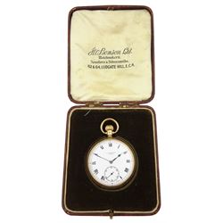 Early 20th century 9ct gold open face keyless lever pocket watch by J. W. Benson, London, white enamel dial with Roman numerals and subsidiary seconds dial, in original velvet and silk lined case