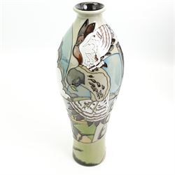 Moorcroft limited edition vase, of slender baluster form decorated in the Stone Kestrel pattern by Vicky Lovatt, no. 29/50, dated 2017, H30.5cm, boxed