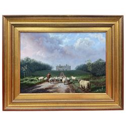 Daniel Van der Putten (Dutch 1949-): 'Taking the Sheep back to the Farm - Castle Ashby Northamptonshire', oil on panel signed, titled verso 24cm x  34cm 