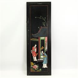 Set of four Chinese lacquer and polychrome decorative wooden panels, 92cm x 31cm (4)