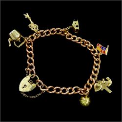 9ct rose gold curb link bracelet, with gold heart locket clasp, five 9ct gold charms including  enamelled WWII British Home Front, key and house and an 18ct gold umbrella