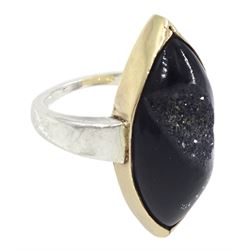 Silver and 9ct gold black druzy quartz ring by Charmian Ottaway, Sheffield 2002