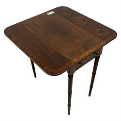 Small Regency mahogany Pembroke table, rectangular top with rounded corners and crossbanding, fitted with single drawer and opposing false drawer with bone escutcheons, raised on ring turned supports