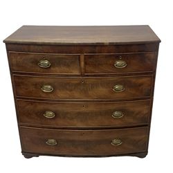 George III mahogany bow-front chest, fitted with two short over three long graduating cock-beaded drawers, on compressed bun feet