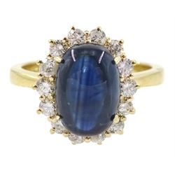 18ct gold cabochon sapphire and diamond cluster ring, hallmarked, sapphire approx 4.30 carat, total diamond weight approx 0.60 carat