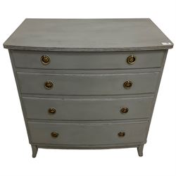 Georgian design blue painted bow-front chest, fitted with four graduating drawers, raised on tapering feet