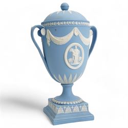 Group of five late 19th and early 20th century Wedgwood blue jasperware urn vases, H28cm and smaller (5)