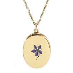 Early 20th century gold 15ct locket pendant, with enamel purple flower decoration, on 15ct gold link chain necklace, both stamped 15