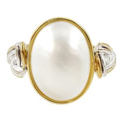 9ct gold three stone oval mabe pearl and round brilliant cut diamond ring, with Celtic design shoulders, London 1999