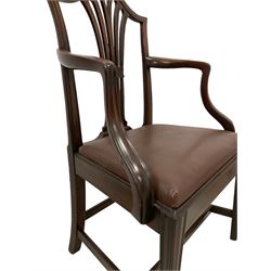 Set of five George III mahogany dining chairs, arched slat back, serpentine fronted drop-in seat upholstered in brown leather, on square moulded supports united by H-stretcher; early 19th century elbow chair, shaped moulded cresting rai lover pierced splat, upholstered drop in seat, on square tapering moulded supports (6)