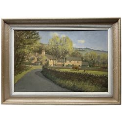 William Burns (Northern British 1923-2010): 'Mayfield Valley - Spring', oil on board signed, titled verso 40cm x 60cm
Provenance: Direct from the family of the artist. 
Notes: Born in Sheffield in 1923, William Burns RIBA FSAI FRSA studied at the Sheffield College of Art before the outbreak of the Second World War, during which he helped illustrate the official War Diaries for the North Africa Campaign, and was elected a member of the Armed Forces Art Society. On his return, he studied architecture at Sheffield University and later ran his own successful practice, being a member of the Royal Institute of British Architects. However, painting had always been his self-confessed 'first love', and in the 1970s he gave up architecture to become a full-time artist, having his first one-man exhibition in 1979.