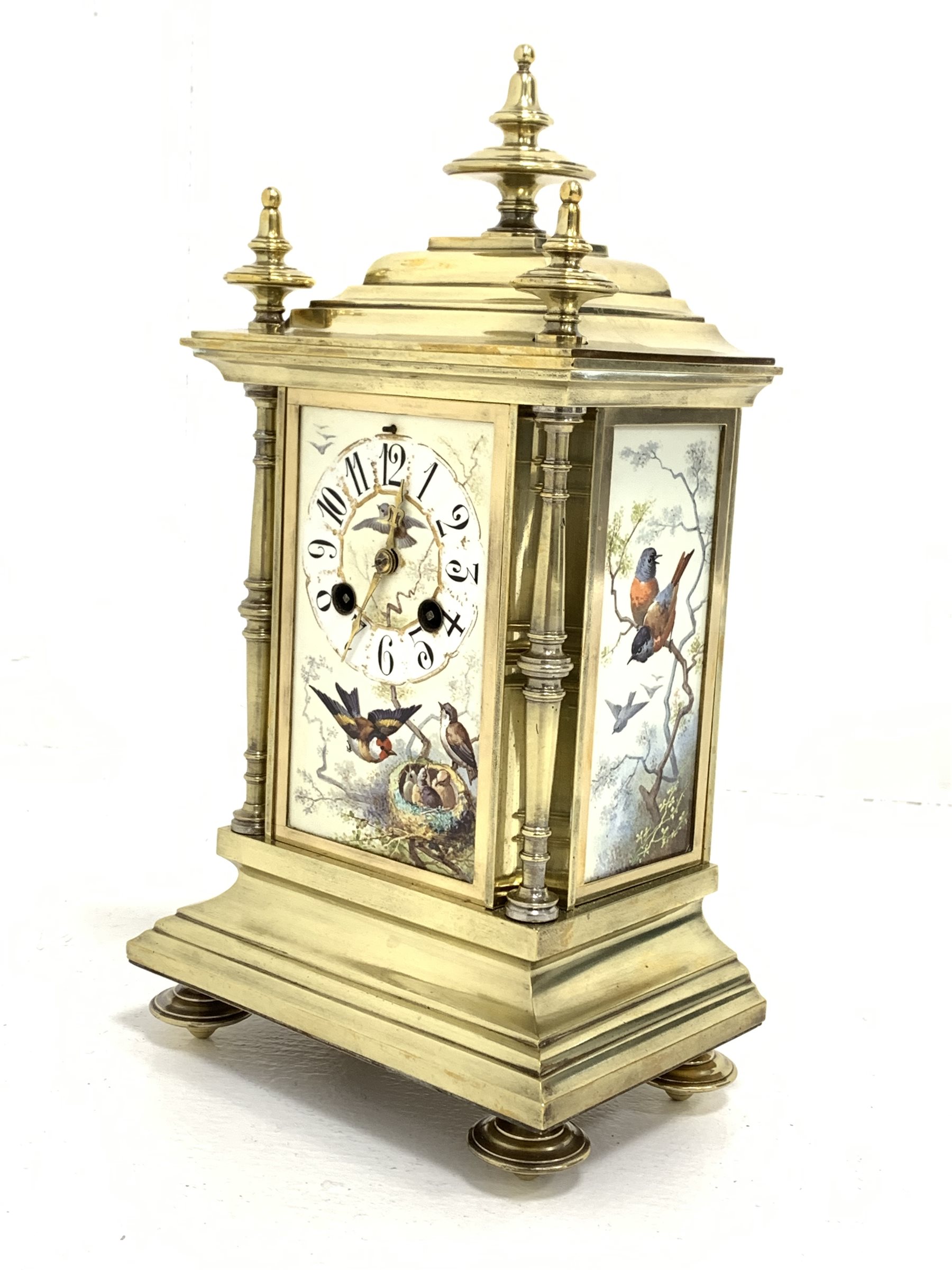 20th century brass mantel clock, three finials over caddy top and three ...