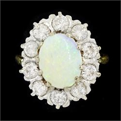 18ct gold opal and round brilliant cut diamond cluster ring, stamped, total diamond weight approx 1.00 carat