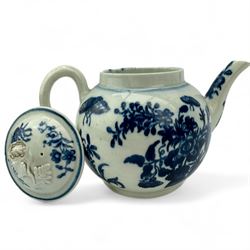 Two First Period Worcester porcelain globular form teapots, decorated in the Fisherman pattern and the other decorated with flowes and butterflies, both with flower knop handles and crescent marks beneath, H16cm (2)