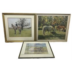 Dog and equestrian interest - After Frank Wootton (British 20th Century): ‘In the Yard’ reproduction print; two oil on canvas portraits of dogs, one signed ‘Elizabeth Ansell’; John Naylor (British Contemporary): ‘Foxhound Pups’ limited edition print signed dated and numbered 19/295; Fiona Scott equestrian watercolour signed and dated ‘92; Lisa Sandys-Lumsdaine ‘The Bride’ print etc, max 58cm x 69cm (9)