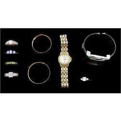 Two 14ct gold cubic zirconia rings, 9ct gold green stone set ring, two 9ct gold children's bangles, Raymond Weil Tango wristwatch, Gucci wristwatch and two silver stone set rings