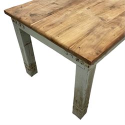 Painted hardwood farmhouse kitchen dining table, rectangular top on painted base, on square supports, bound with metal strappings 