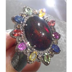 Large silver cabochon galaxy opal, multicoloured sapphire and diamond dress ring, opal approx 8.20 carat, total sapphire weight approx 2.85 carat, total diamond weight approx 1.00 carat