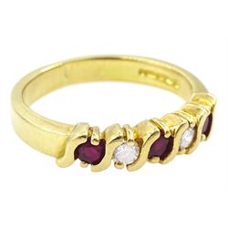 18ct gold five stone round cut ruby and round brilliant cut diamond ring, hallmarked Birmingham, total diamond weight 0.15 carat