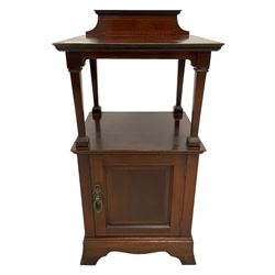 Edwardian inlaid mahogany two-tier bedside cabinet, raised back, decorated with ebony and boxwood feathered stringing, panelled cupboard fitted to base, on splayed bracket feet