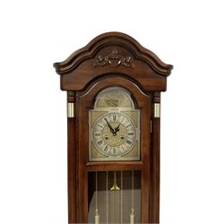 20th-century month going mahogany longcase clock - with a double arched pediment and full length glazed door with visible dummy weights and pendulum, brass dial with etched spandrels and dial centre, silvered chapter ring and steel hands, twin train going barrel movement striking the hours and half hours.