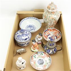 Oriental hexagonal vase and cover, H31cm, Chinese blue and white bowl and cover, Imari bowl, Chinese figures etc 