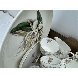 Minton Marlow part tea and coffee set, Foley Broadway pattern tea wares, Doulton jugs, Majolica plates etc in two boxes