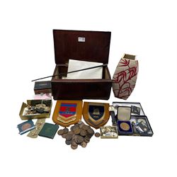 Two armorial plaques, Montine wristwatch, coins, WWI war medal named to 'R 16861 PTE. A. REDFEARN. K. R. RIF. C.', silver mounted swagger stick etc, housed in a hinged top box and a soapstone vase