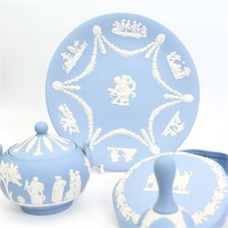 Wedgwood Jasperware mantle clock, lidded jars and covers, commemorative plates, bell, vases etc 