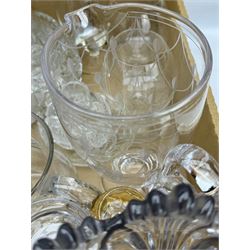 Large collection of cut glass and other glass including a heavy cut glass jug and glass set, cut with a pineapple design, liquor glasses, vases, jugs, bowls etc in three boxes