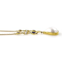 18ct gold mabe pearl, round brilliant cut diamond and oval cabochon sapphire pendant necklace, mabe pearl suspended from a chain necklace set with a single diamond and alternating sapphire and pearl links, hallmarked London 1988