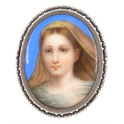 19th century silver painted porcelain brooch, depicting the bust of a female saint