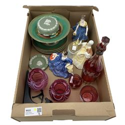 Three Royal Doulton figures, pair of matched cranberry glass vases, ruby glass decanter,  Wedgwood green jasperware box and ashtray etc in one box 