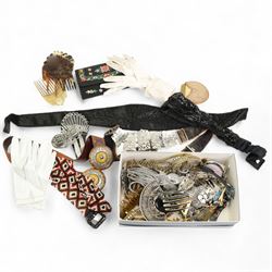 Collection of decorative belts, including EPNS examples, one with leather strap and hairpins and hairslides, compacts and pairs of ladies gloves and evening purses