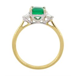 18ct gold three stone square cut emerald and trillion cut diamond ring, hallmarked, emerald approx 0.75 carat