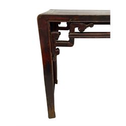 19th century Chinese lacquered hardwood altar table, rectangular top with moulded edge, the pierced and carved frieze decorated with Chinese scroll symbols and a central circular roundel motif with raised scrolling carvings, on rectangular end supports