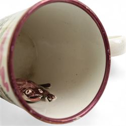 19th century Sunderland lustre jug, transfer printed 'The Sailors Return' and Crimea war panel, H13cm, together with two 19th century Sunderland lustre mugs; 'Flowers that never fade' and frog mug 'A West View of the Iron Bridge' (3)