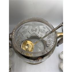 Art Deco German silver plate and cut glass punch bowl & cover, with ladle and twelve cut glass and silver plate cups, makers marks for Badische Metallwarenfabrik