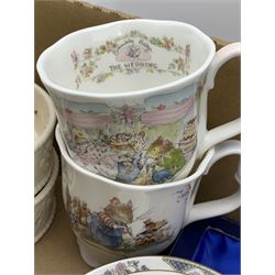 Royal Doulton Brambly Hedge The Birthday and The Wedding mugs, modern 'Delft' flower brick, cigarette card album etc in one box