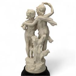 After Auguste Moreau, 20th century faux alabaster figural group 'La Fete Des Fleurs', on circular ebonised plinth, H57cm