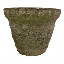 Circular cast stone garden planter decorated with flower head band (D44cm, H28cm); smaller planter (D34cm, H27cm); composite stone rusticated bird bath, octagonal top on tapering pedestal (W41cm, H65cm) (3)