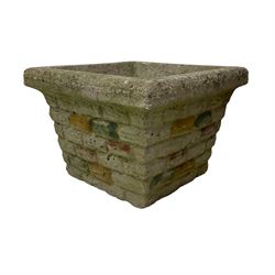 Pair of cast stone rusticated garden planters of tapering square form (38cm x 38cm, H26cm); and a similar larger planter (41cm x 41cm, H38cm)